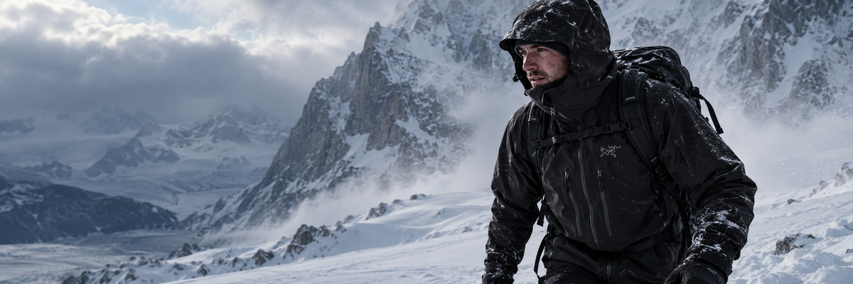 Alpiniste en veste Arc'teryx noire sur un plateau enneigé