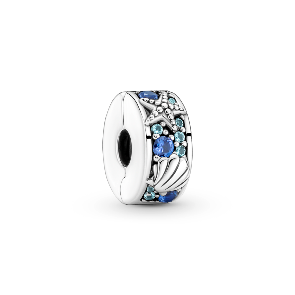 Pandora Starfish and shell sterling silver clip with icy green, bleached aqua blue, stellar blue crystal and silicone grip 791678C01