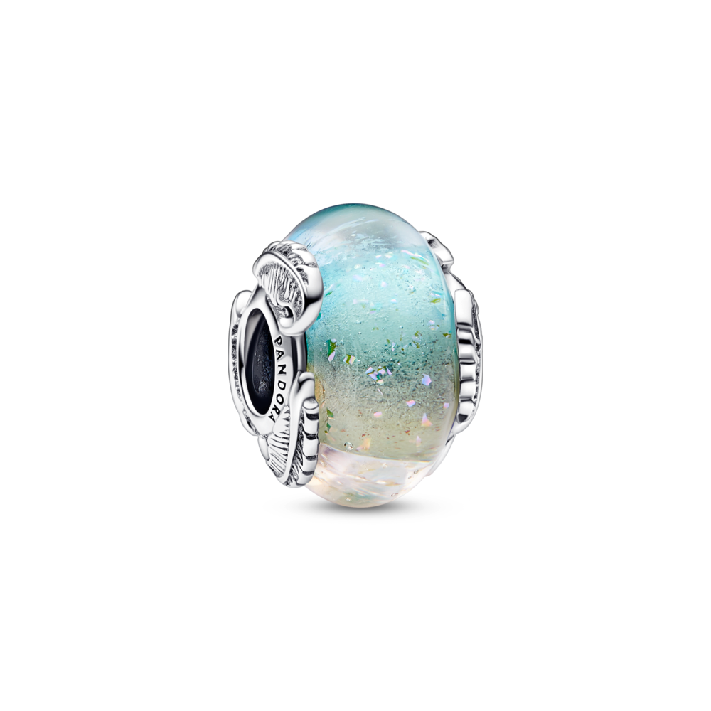 Pandora Feather sterling silver charm with pink dichroic multicolor rainbow Murano glass 792577C00